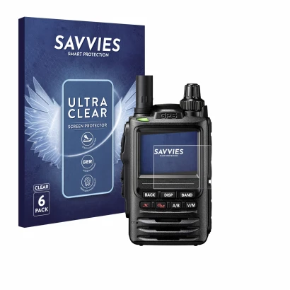 Front side of a product packaging with the brand logo Savvies. Next to it is the device Yaesu FT-3D shown with the correspondi