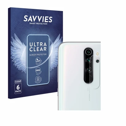 Front side of a product packaging with the brand logo Savvies. Next to it is the device Xiaomi Redmi Note 8 Pro (ONLY Camera L