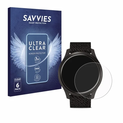 Front side of a product packaging with the brand logo Savvies. Next to it is the device Garmin vivomove Style (42 mm) shown wi
