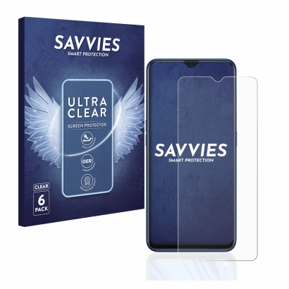 Front side of a product packaging with the brand logo Savvies. Next to it is the device Oppo A9 2020 shown with the correspond