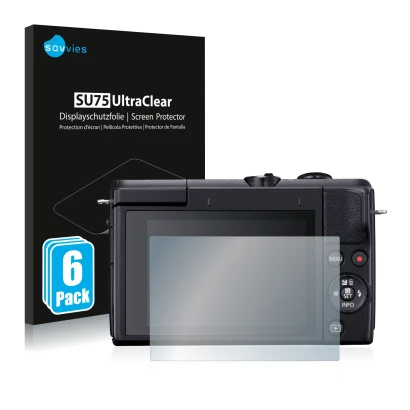 Front side of a product packaging with the brand logo Savvies. Next to it is the device Canon EOS M200 shown with the correspo