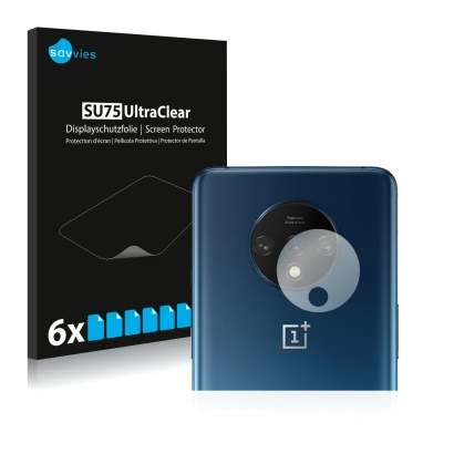 Front side of a product packaging with the brand logo Savvies. Next to it is the device OnePlus 7T (ONLY Camera Lens) shown wi