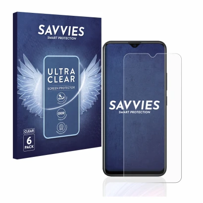 Front side of a product packaging with the brand logo Savvies. Next to it is the device Xiaomi Redmi Note 8T shown with the co