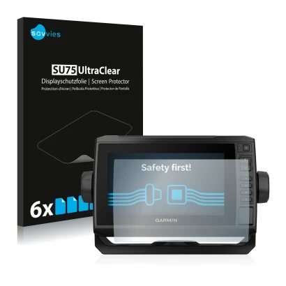 Front side of a product packaging with the brand logo Savvies. Next to it is the device Garmin ECHOMAP UHD 72cv shown with the