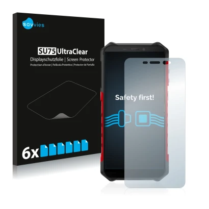 Front side of a product packaging with the brand logo Savvies. Next to it is the device Ulefone Armor X5 shown with the corres