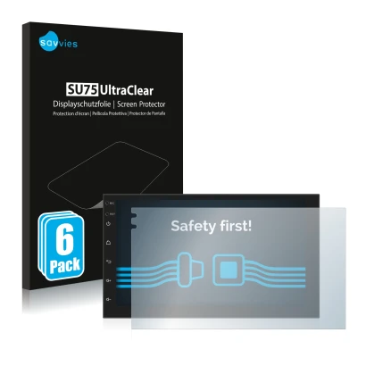 Front side of a product packaging with the brand logo Savvies. Next to it is the device Phonocar MediaStation 2Din shown with 