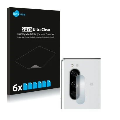 Front side of a product packaging with the brand logo Savvies. Next to it is the device Sony Xperia 5 (ONLY Camera Lens) shown