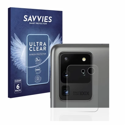 Front side of a product packaging with the brand logo Savvies. Next to it is the device Samsung Galaxy S20 Ultra (ONLY Camera 