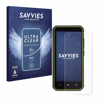 Front side of a product packaging with the brand logo Savvies. Next to it is the device SkyCaddie SX400 shown with the corresp