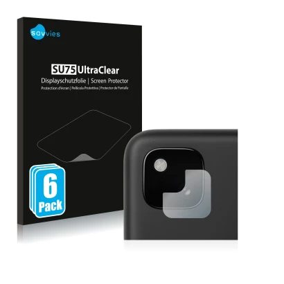 Front side of a product packaging with the brand logo Savvies. Next to it is the device Google Pixel 4a (ONLY Camera Lens) sho