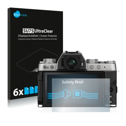 Front side of a product packaging with the brand logo Savvies. Next to it is the device Fujifilm X-T200 shown with the corresp