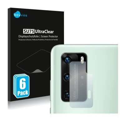 Front side of a product packaging with the brand logo Savvies. Next to it is the device Huawei P40 Pro (ONLY Camera Lens) show