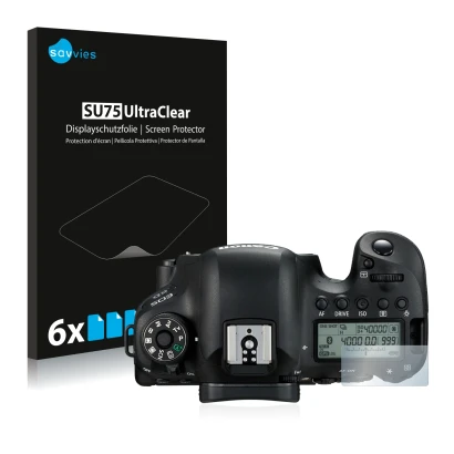 Front side of a product packaging with the brand logo Savvies. Next to it is the device Canon EOS 6D (top plate display) shown