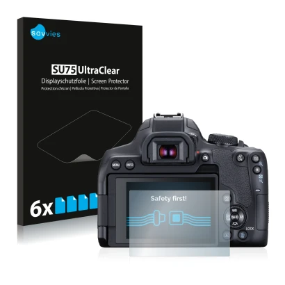 Front side of a product packaging with the brand logo Savvies. Next to it is the device Canon EOS 850D shown with the correspo