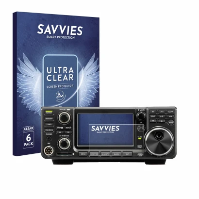 Front side of a product packaging with the brand logo Savvies. Next to it is the device Icom IC-9700 shown with the correspond