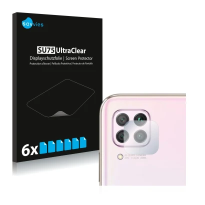 Front side of a product packaging with the brand logo Savvies. Next to it is the device Huawei P40 lite (ONLY Camera Lens) sho