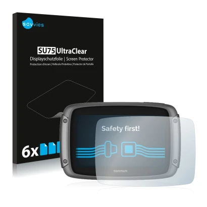 Front side of a product packaging with the brand logo Savvies. Next to it is the device TomTom Rider 50 shown with the corresp