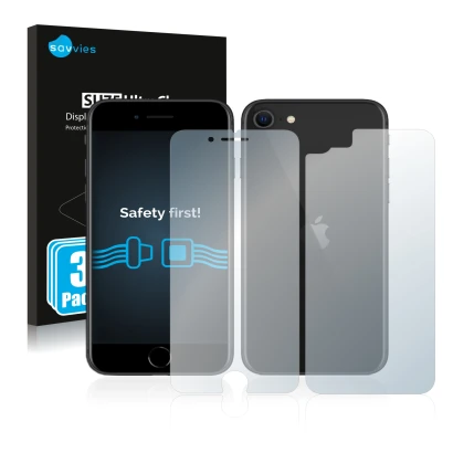 Front side of a product packaging with the brand logo Savvies. Next to it is the device Apple iPhone SE 2 2020 (Front+Back) sh