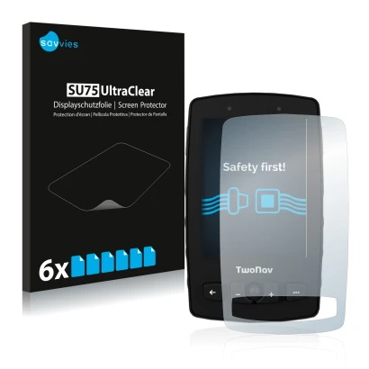 Front side of a product packaging with the brand logo Savvies. Next to it is the device TwoNav Aventura 2 shown with the corre