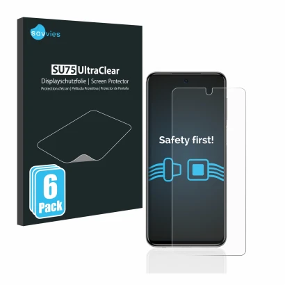 Front side of a product packaging with the brand logo Savvies. Next to it is the device Xiaomi Redmi Note 9S shown with the co