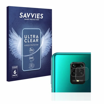 Front side of a product packaging with the brand logo Savvies. Next to it is the device Xiaomi Redmi Note 9S (ONLY Camera Lens