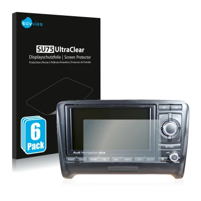 Front side of a product packaging with the brand logo Savvies. Next to it is the device Audi A3 8P 2004-2012 RNS-E shown with 