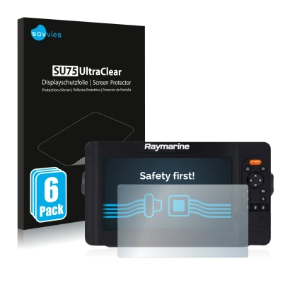 Front side of a product packaging with the brand logo Savvies. Next to it is the device Raymarine Element 7 HV shown with the 