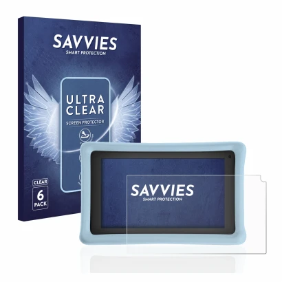 Front side of a product packaging with the brand logo Savvies. Next to it is the device Pebble Gear 7" Kids Tablet shown with 
