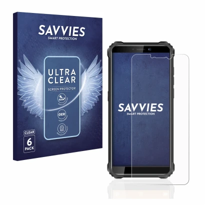 Front side of a product packaging with the brand logo Savvies. Next to it is the device Oukitel WP5 shown with the correspondi