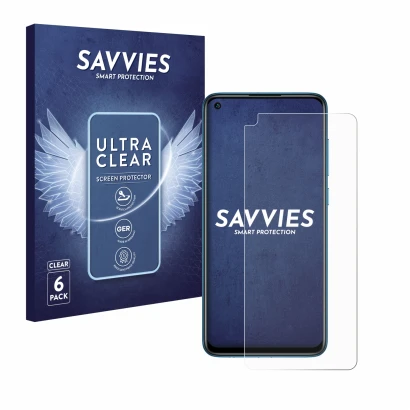 Front side of a product packaging with the brand logo Savvies. Next to it is the device Xiaomi Redmi Note 9 shown with the cor