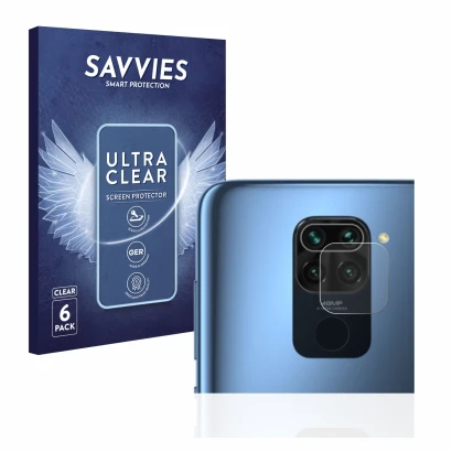 Front side of a product packaging with the brand logo Savvies. Next to it is the device Xiaomi Redmi Note 9 (ONLY Camera Lens)