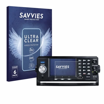 Front side of a product packaging with the brand logo Savvies. Next to it is the device Uniden SDS200E shown with the correspo