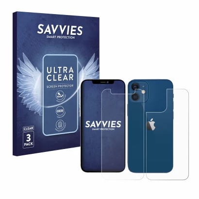 Front side of a product packaging with the brand logo Savvies. Next to it is the device Apple iPhone 12 mini (Front+Back) show