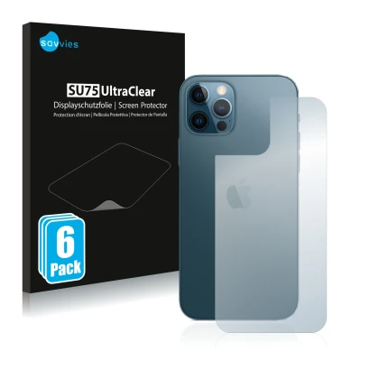 Front side of a product packaging with the brand logo Savvies. Next to it is the device Apple iPhone 12 Pro (Back) shown with 