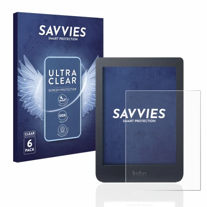 Front side of a product packaging with the brand logo Savvies. Next to it is the device Kobo Nia shown with the corresponding 