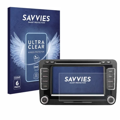 Front side of a product packaging with the brand logo Savvies. Next to it is the device Volkswagen Eos 2011 RNS 510 6.5" shown