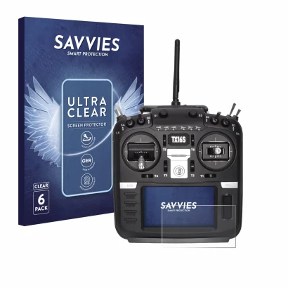 Front side of a product packaging with the brand logo Savvies. Next to it is the device Radiomaster TX16S shown with the corre