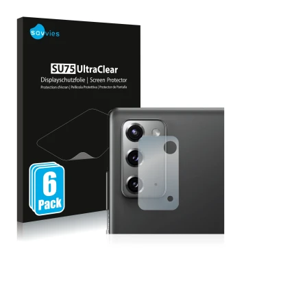 Front side of a product packaging with the brand logo Savvies. Next to it is the device Samsung Galaxy Note 20 5G (ONLY Camera