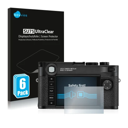 Front side of a product packaging with the brand logo Savvies. Next to it is the device Leica M10-R shown with the correspondi