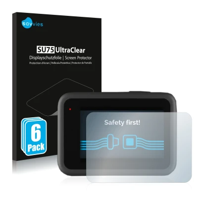 Front side of a product packaging with the brand logo Savvies. Next to it is the device GoPro Hero 9 Black shown with the corr