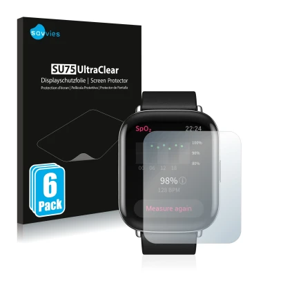 Front side of a product packaging with the brand logo Savvies. Next to it is the device Zepp E Square shown with the correspon