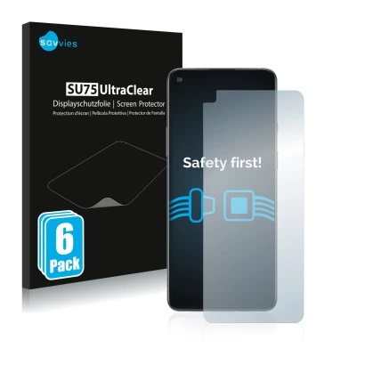 Front side of a product packaging with the brand logo Savvies. Next to it is the device OnePlus 8T shown with the correspondin