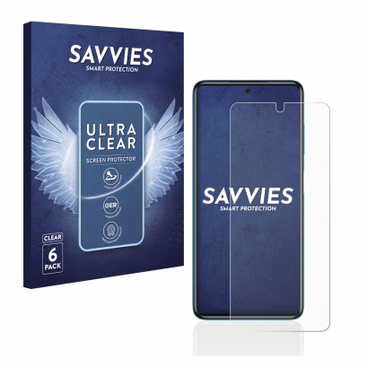 Front side of a product packaging with the brand logo Savvies. Next to it is the device Xiaomi Poco X3 NFC shown with the corr