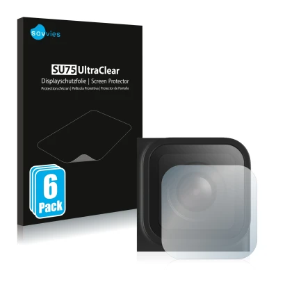 Front side of a product packaging with the brand logo Savvies. Next to it is the device GoPro Hero 9 Black (Lens) shown with t