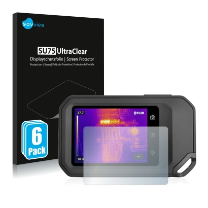 Front side of a product packaging with the brand logo Savvies. Next to it is the device Flir C5 shown with the corresponding s