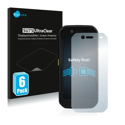 Front side of a product packaging with the brand logo Savvies. Next to it is the device Caterpillar Cat S42 shown with the cor