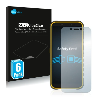 Front side of a product packaging with the brand logo Savvies. Next to it is the device Ulefone Armor X8 shown with the corres