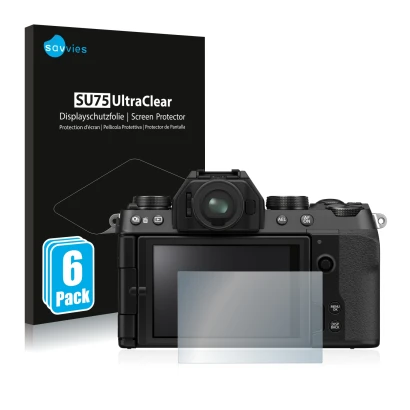 Front side of a product packaging with the brand logo Savvies. Next to it is the device Fujifilm X-S10 shown with the correspo