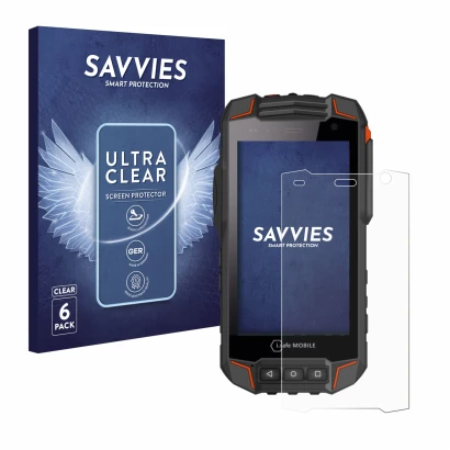 Front side of a product packaging with the brand logo Savvies. Next to it is the device i.safe MOBILE IS530.1 shown with the c