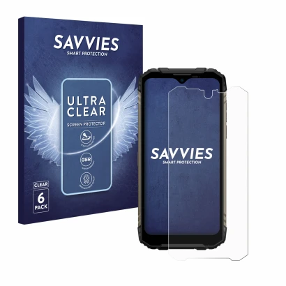 Front side of a product packaging with the brand logo Savvies. Next to it is the device Doogee S96 Pro shown with the correspo